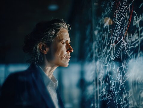 Focused professional studying complex equations on a glass wall, symbolizing intelligence, innovation, and the analytical pursuit of scientific discovery