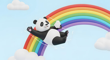 Naklejka premium Playful Panda Slides Down a Vibrant Rainbow in a Whimsical Sky