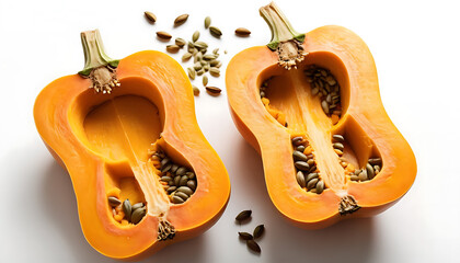 Bright Orange Butternut Squash Halves with Seeds on White Background