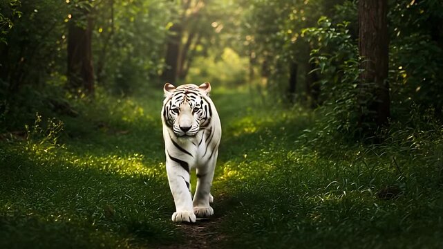 Majestic white tiger walking through lush green forest on a sunny day, serene wildlife scene