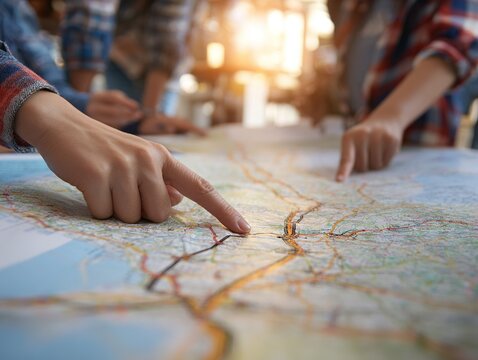 Hands pointing at a map in warm light, symbolizing teamwork, planning, and the shared pursuit of discovery, adventure, and coordinated direction