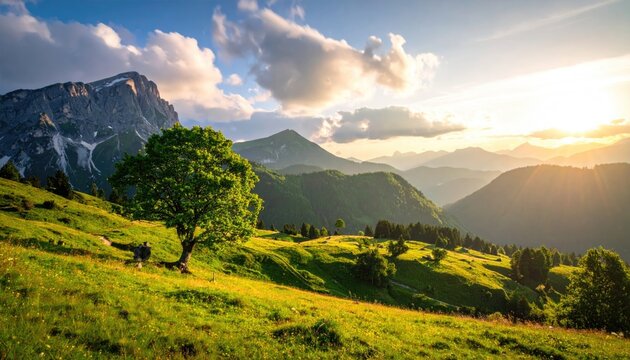 Majestic mountain landscape bathed in golden hour sunlight with a lone tree in a vibrant green meadow and scattered wildflowers under a dramatic sky