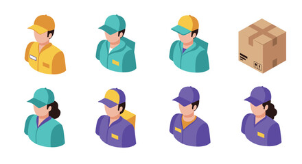 Isometric delivery personnel with uniforms and parcel box icons