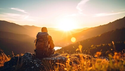 Man with backpack sitting on a rock admiring mountain landscape during golden hour sunset with sun flare and lake view