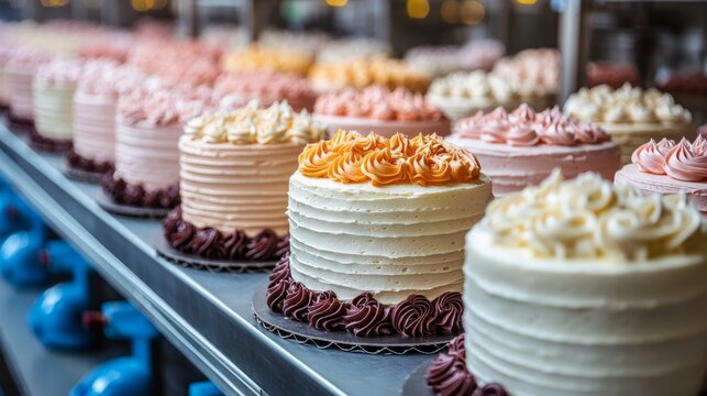 Delightful array of elegantly crafted cakes in a bakery, featuring colorful frosting and artistic decorations