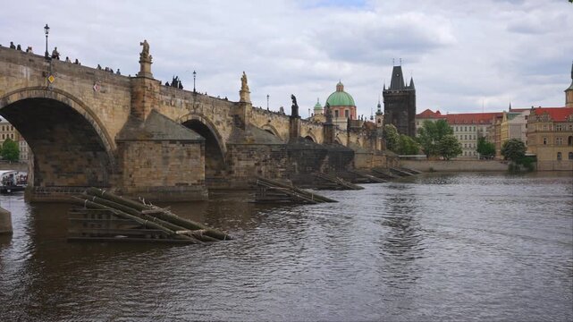 Iconic Charles Bridge Stone Arches Over Vltava River.