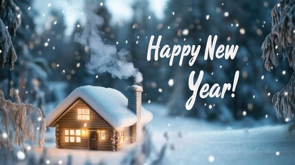 Fototapeta premium Cozy snowy cabin with warm lights and happy new year greeting in winter wonderland