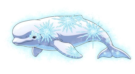 Beluga whale with glowing snowflake pattern illustration.