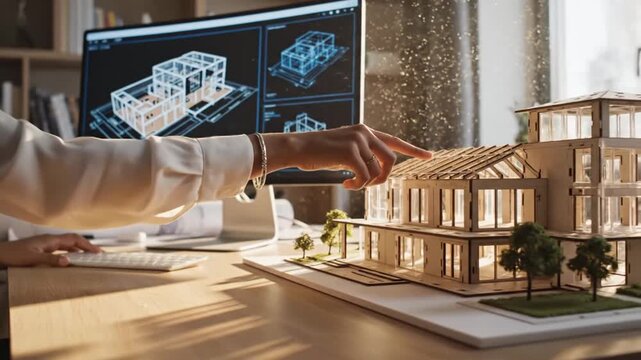 Architect working on a building model and CAD software on a computer.