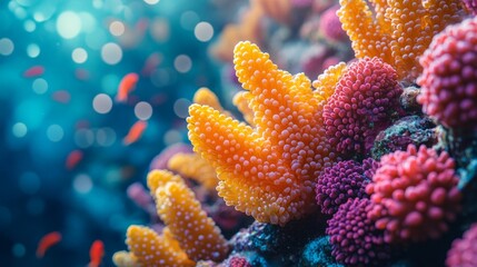 Obraz premium Beneath the waves, a stunning coral reef showcases vibrant colors and playful fish in a tranquil underwater ecosystem