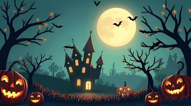 Spooky Halloween night background with haunted castle illuminated jack-o'-lanterns flying bats and full moon illustration