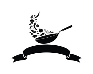 Cooking ingredients flying out of a wok with a banner Black silhouette illustration 