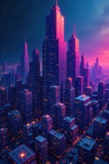 Obraz premium Abstract Geometric Cityscape An abstract, futuristic cityscape rendered with sharp, interconnected geometric shapes and glowing, illuminated lines in electric blues and purples. The structures are