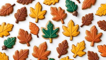 Colorful Autumn Leaf-shaped Cookies in Green Yellow Orange Brown on White Background