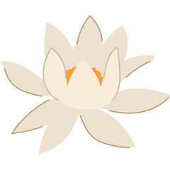 Stylized White Lotus Flower Illustration with Orange Center and Soft Petals on Transparent Background