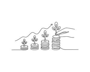 Hand adding plant to stack of coins with growth chart