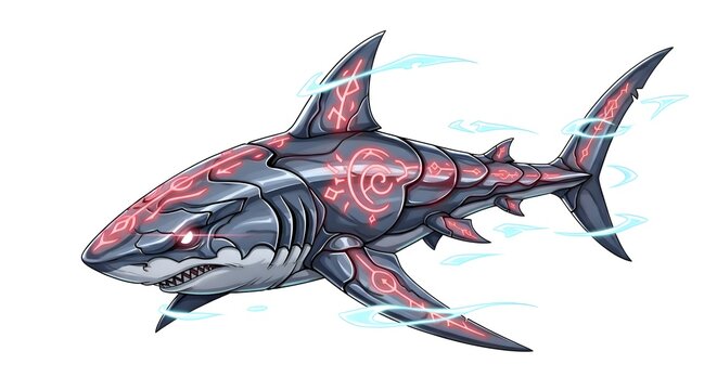 Cybernetic Shark with Glowing Runes and Electric Aura.
