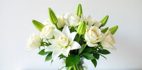Fototapeta premium Minimalist white and green bouquet in a clear glass vase, representing purity and modern design. A minimalist bouquet featuring white roses, lilies, and various green foliage. The arrangement is