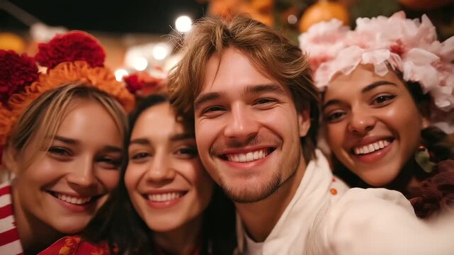 Halloween selfie with friends in a festive setting, festive gatherings in costume events, joyful moments in photo fun, celebration vibes with holiday decor, event highlights in Hal