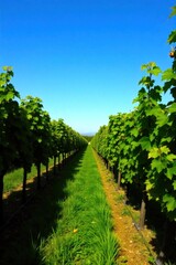 Obraz premium Sun drenched green vineyard rows under a clear blue sky, ripe grapes. A panoramic view of a sun drenched vineyard. Rows of lush green grapevines stretch towards the horizon under a clear, bright blue