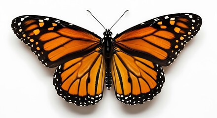 Fototapeta premium Stunning Monarch Butterfly with Symmetrical Orange and Black Wings Isolated on Pristine White