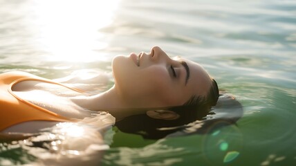 Fototapeta premium Serene young woman relaxing in sunlight floating effortlessly on calm turquoise water during summer