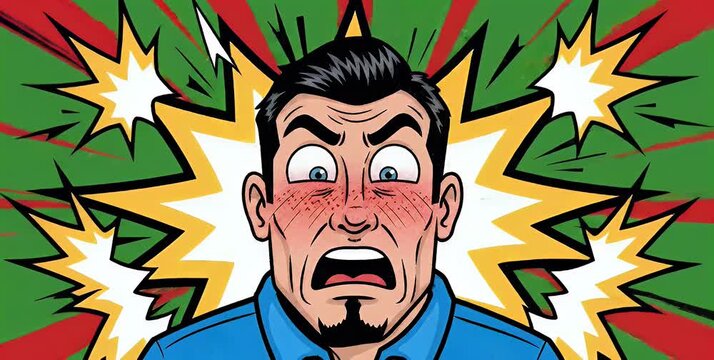 A retro comic book illustration of a man with a shocked and flushed face against an explosive background.