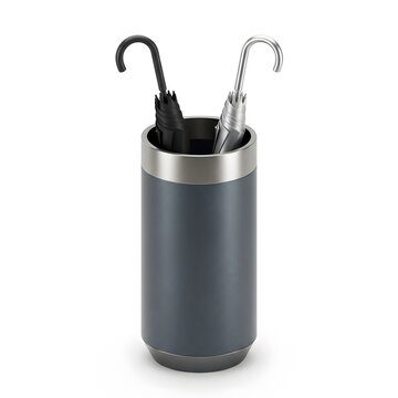 Modern Grey Umbrella Stand with Two Compact Umbrellas perfect for e-commerce product listings, interior design blogs,