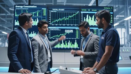 Diverse team of professionals analyzing financial data on large screen. - Powered by Adobe