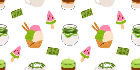 Matcha sweets seamless patterns collection, kawaii matcha drinks, boba cups, matcha latte, macarons, mochi and green tea desserts. Flat vector seamless tiles for fabric, wallpaper, packaging