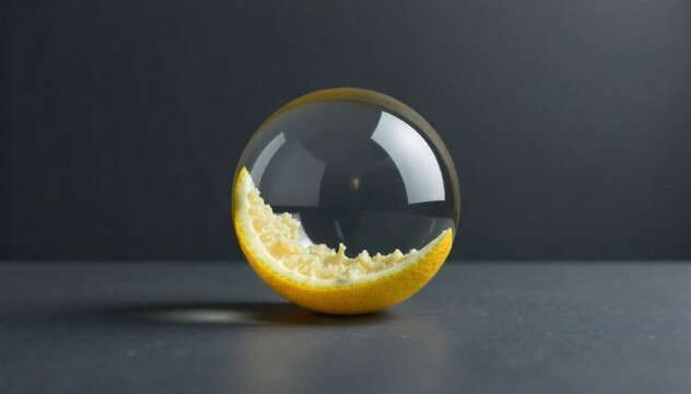 Textured lemon rind in glass orb A perfectly clear, smooth glass sphere or orb, approximately 10cm in diameter. Inside the sphere, a detailed section of textured lemon rind is suspended, showcasing