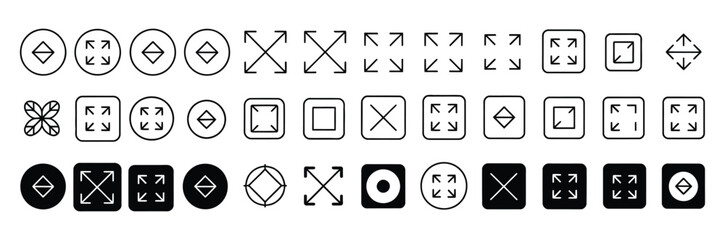 Large big screen display icon set. Compact, scalability, arrow mark, full screen, display screen size inch, Minimize and maximize, small and big display lcd line icons vector isolated illustration. © Jannat