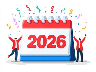 People celebrating 2026 with a giant calendar and confetti