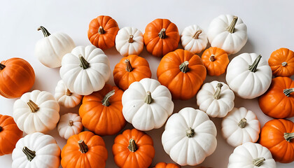Assorted Small White and Orange Pumpkins on White Surface for Autumn Decor