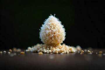 Seed pod releasing pollen and seeds in a delicate breeze, a moment of inception Extreme close up, macro photograph of a seed pod in the process of opening. A fine cloud of pollen and tiny seeds is