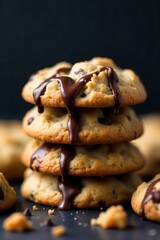 Chocolate Cascade Dream A close up of a rich, dark chocolate sauce artfully cascading over a stack of perfectly baked cookies. The molten chocolate is glossy and flowing, creating a luscious, inviting