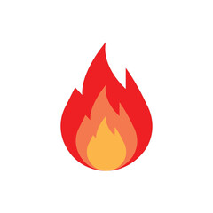 Minimalist flame icon with red and orange tones on a white background. Flat design illustration representing fire, heat, energy, danger, passion, and power in a simple modern style.