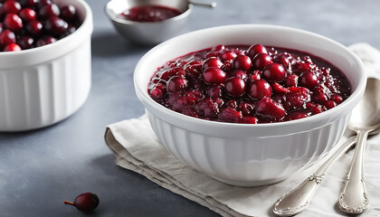 Bowl of Fresh Red Cherry Jam with Whole Cherries on White Plate in Kitchen Setting