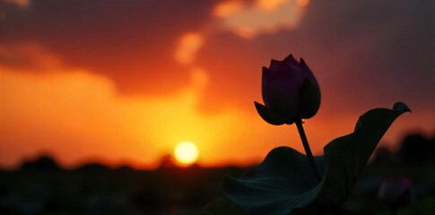 Golden Hour Lotus Silhouette Silhouettes of lotus leaves and a closed bud against a dramatic golden sunset sky over a still pond. The light is warm and intense, casting long shadows. Wide shot,