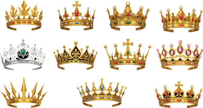 Cartoon crown set with gold, jewels, and ornate shapes, vector illustration for royalty, costume design, and historical concept