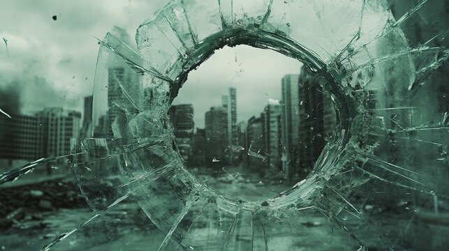 Shattered glass displays destruction within the cityscape behind, creating a dramatic and intense scene.