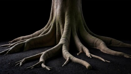 Bayan Tree Roots and Earth Close up, detailed view of the intricate, exposed root system of a giant bayan tree, interwoven with rich, dark earth. Focus on texture and organic patterns. No people or