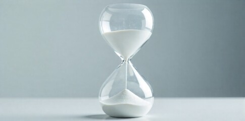 Minimalist white hourglass on a clean white surface, representing time passing, focus, and purity. A minimalist, pure white hourglass made of frosted glass, with fine white sand flowing from the top