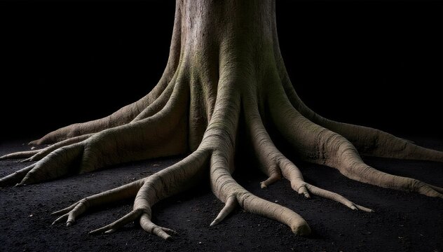 Bayan Tree Roots and Earth Close up, detailed view of the intricate, exposed root system of a giant bayan tree, interwoven with rich, dark earth. Focus on texture and organic patterns. No people or