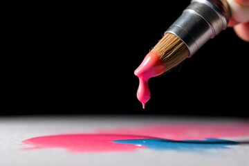Paint drips from a brush onto a clean surface, vibrant colors, artistic tool, creative process, clean background Extreme close up of a single, thick, rich crimson paint drip falling from the tip of a