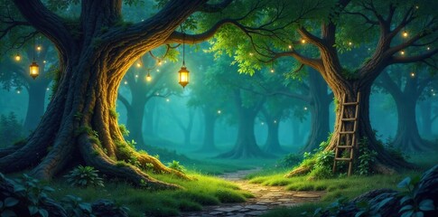 Mystical Forest Festival Ambiance A mystical forest clearing bathed in the soft glow of hanging lanterns and fairy lights. Lush green moss, ferns, and ancient trees create a magical atmosphere for a