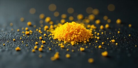Macro view of vibrant yellow sunflower pollen grains scattered on a dark, textured surface, highlighting intricate details. Macro photograph of a scattering of vibrant yellow sunflower pollen grains