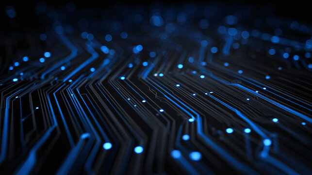 Intricate electronic circuit with glowing nodes and pathways, symbolizing modern technology and connectivity