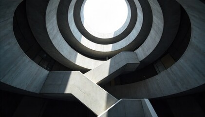 Ascending staircase, sunlight beams, architectural details, abstract geometry, upward movement An abstract architectural shot of a modern concrete staircase, bathed in dramatic shafts of sunlight from