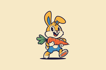 Obraz premium Cute Cartoon Rabbit Character Carrying a Large Carrot with a Hap